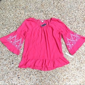 NWT Counterparts Boho Peasant Embroidered Ruby Red Color Blouse Size L